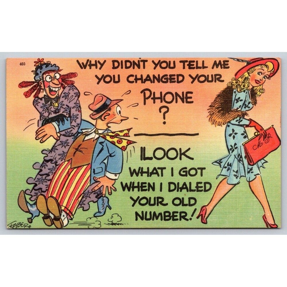 Vtg Comic Linen Postcard Faber Artist Humor "Changed Your Phone" Tichnor 74289